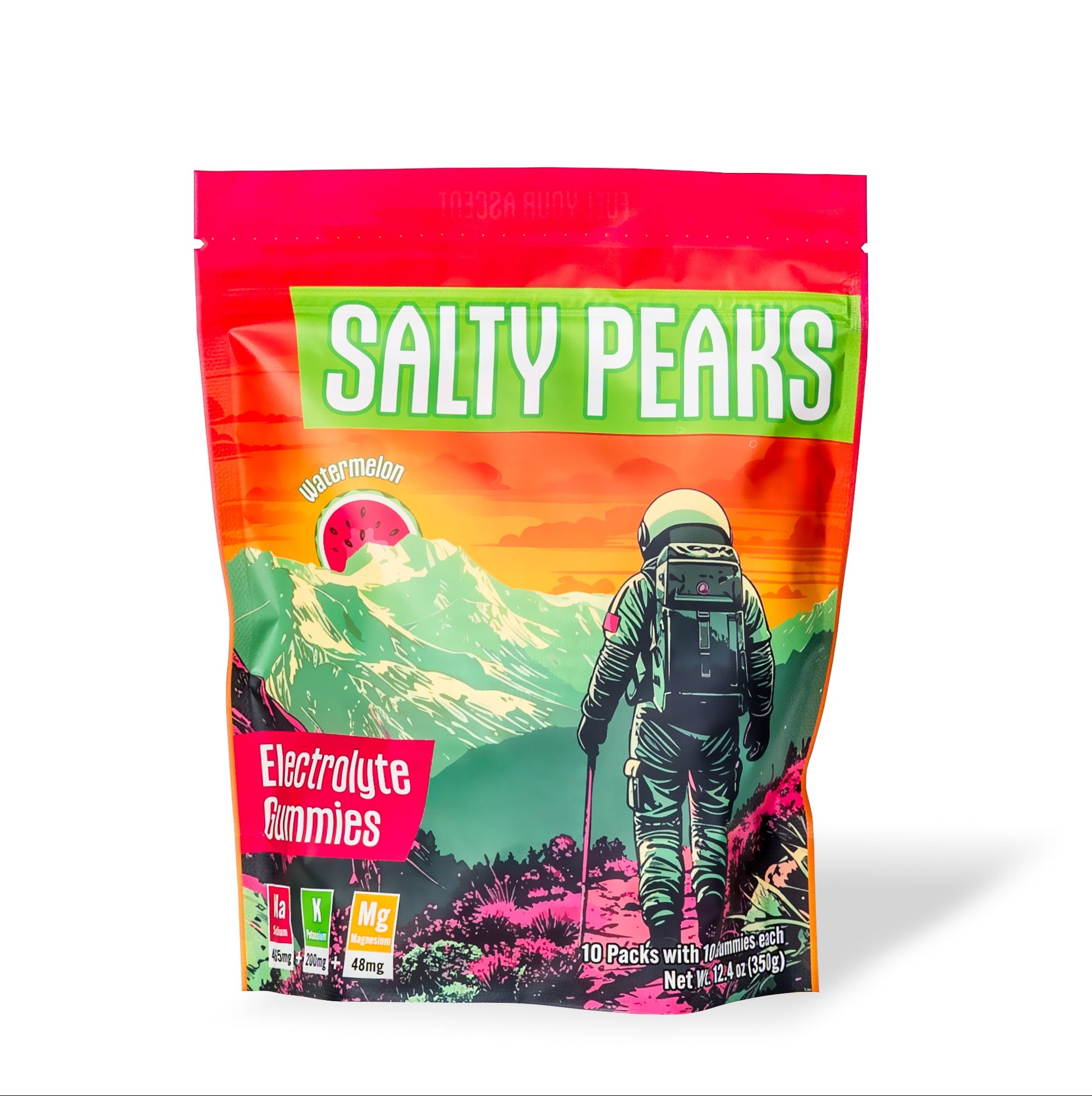 Salty Peaks watermelon electrolyte gummies pouch - front