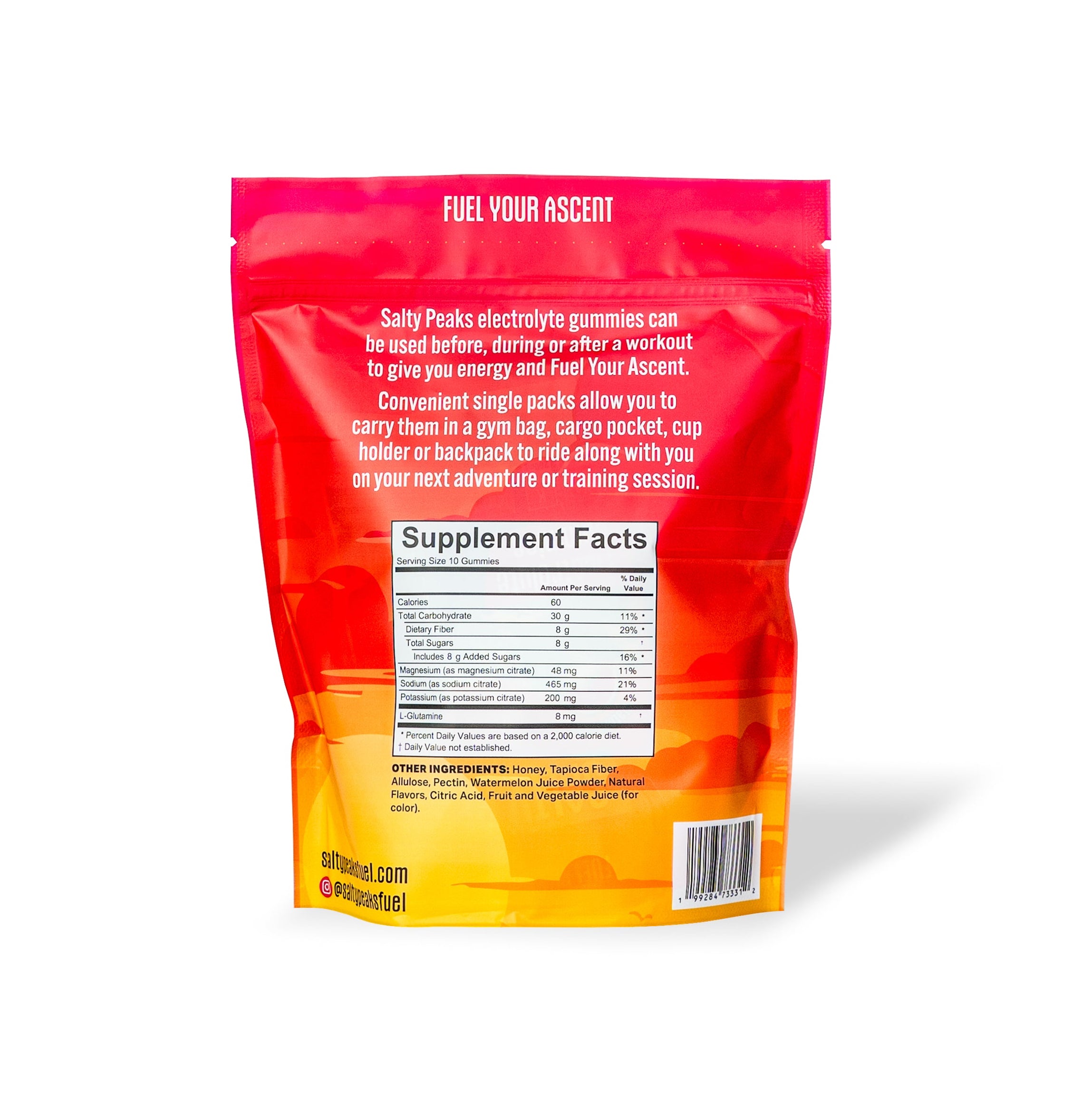 Salty Peaks electrolyte gummies pouch - back with supplement facts