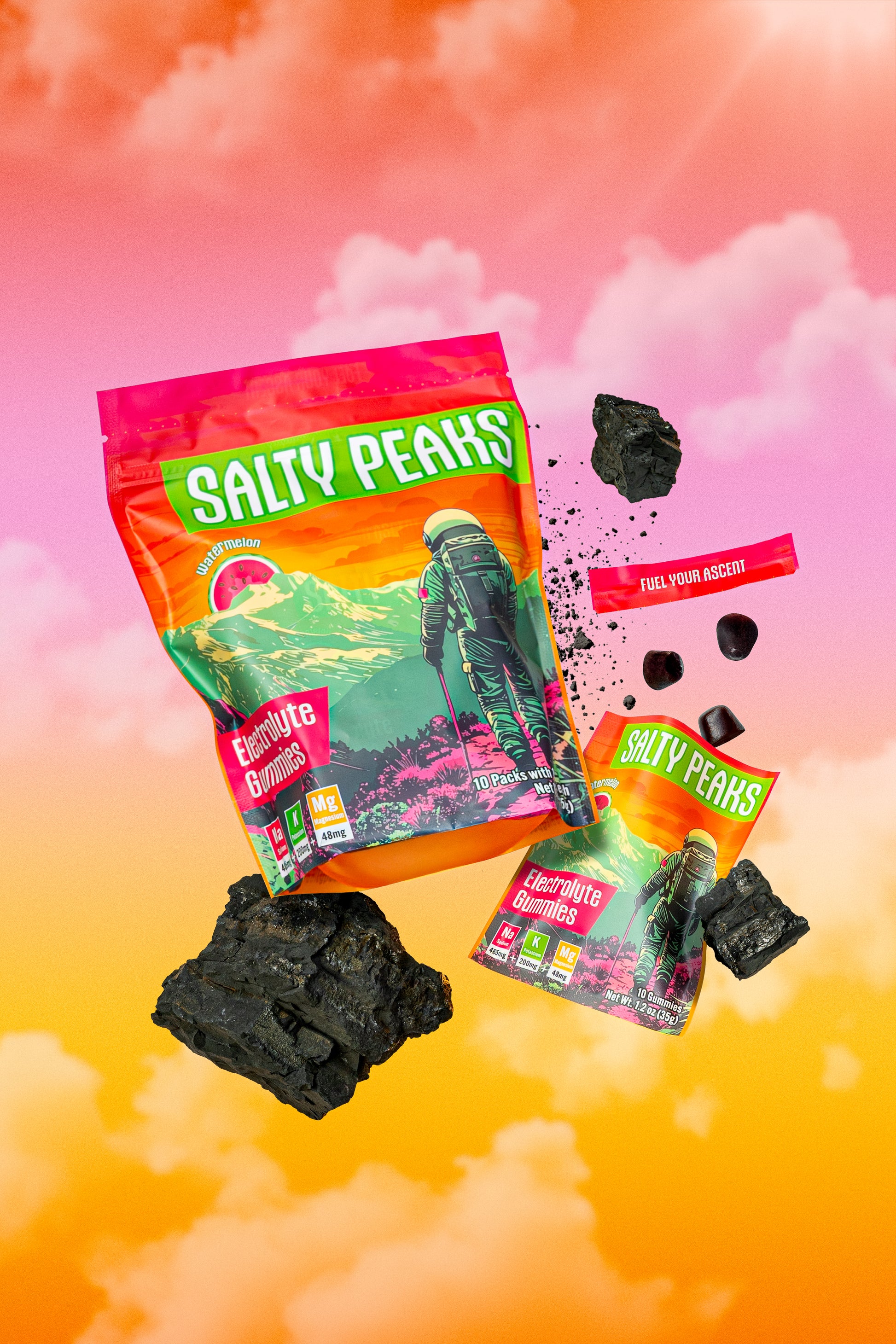 Salty Peaks electrolyte gummies pouch and packets in the clouds