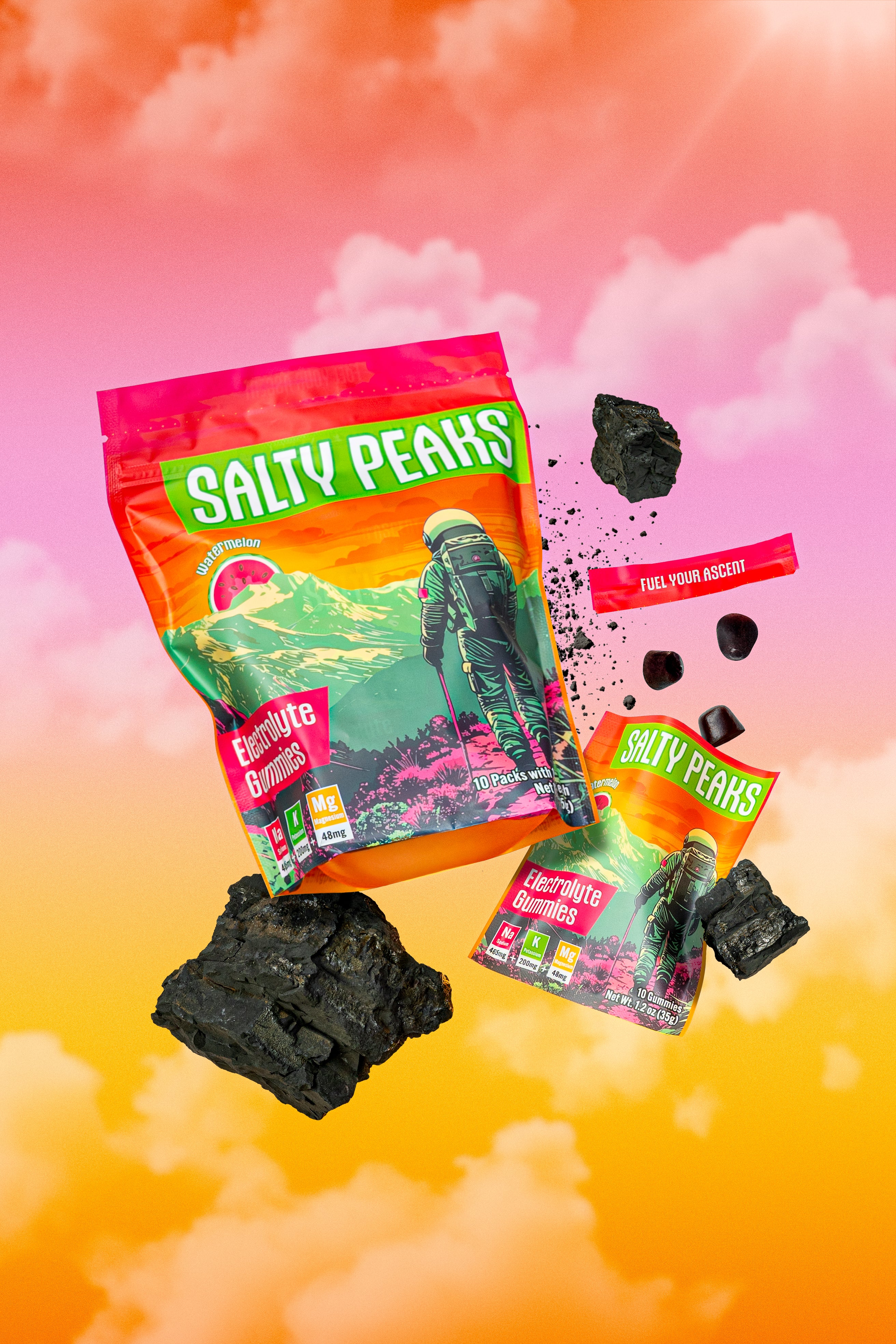 Salty Peaks electrolyte gummies pouch and packets in the clouds