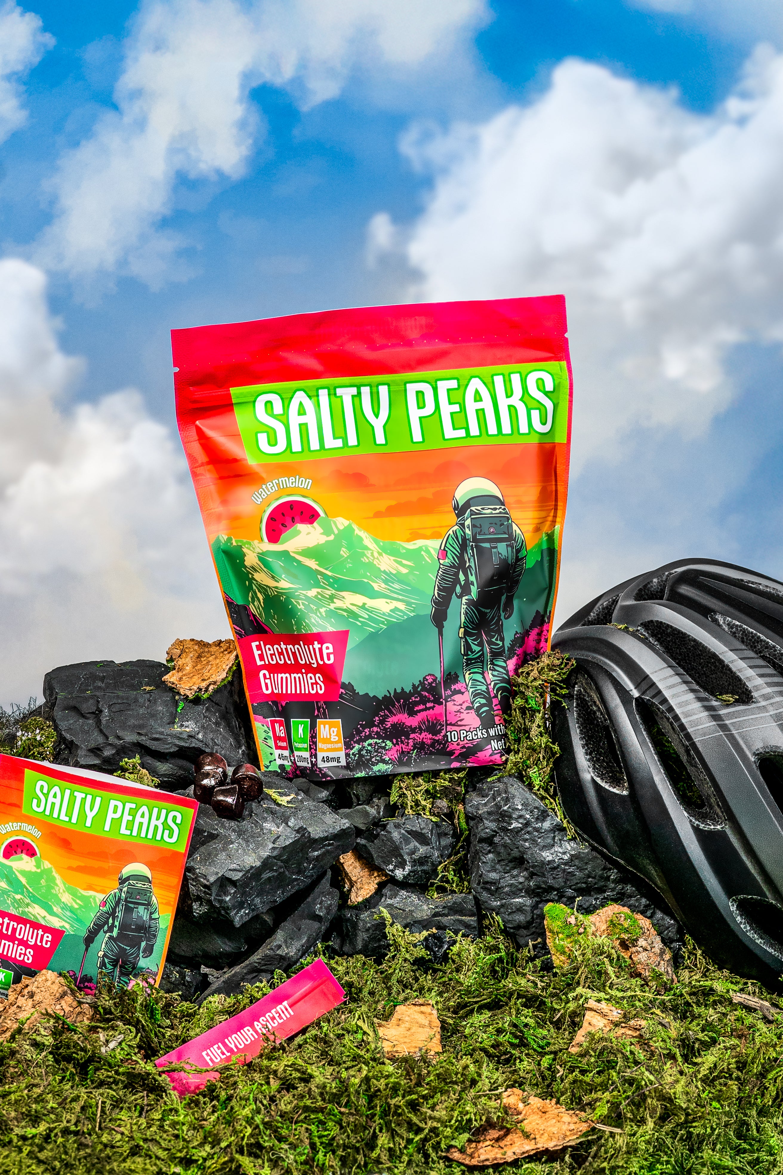 Salty Peaks electrolyte gummies pouch on a mountain trail