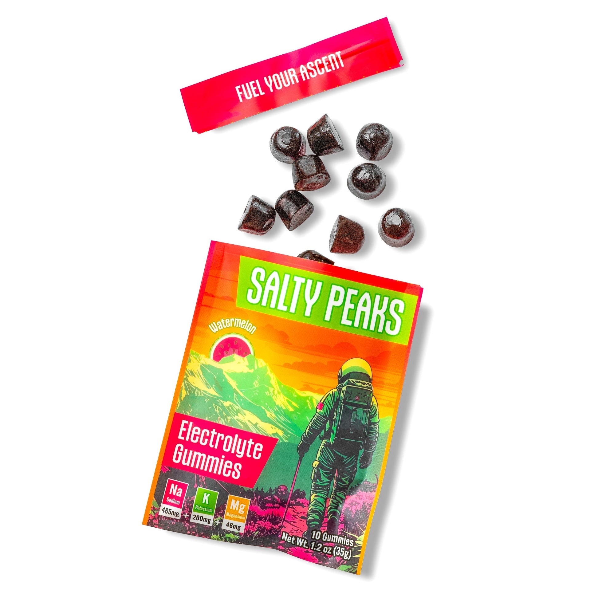 Salty Peaks single-serve packet with electrolyte gummies