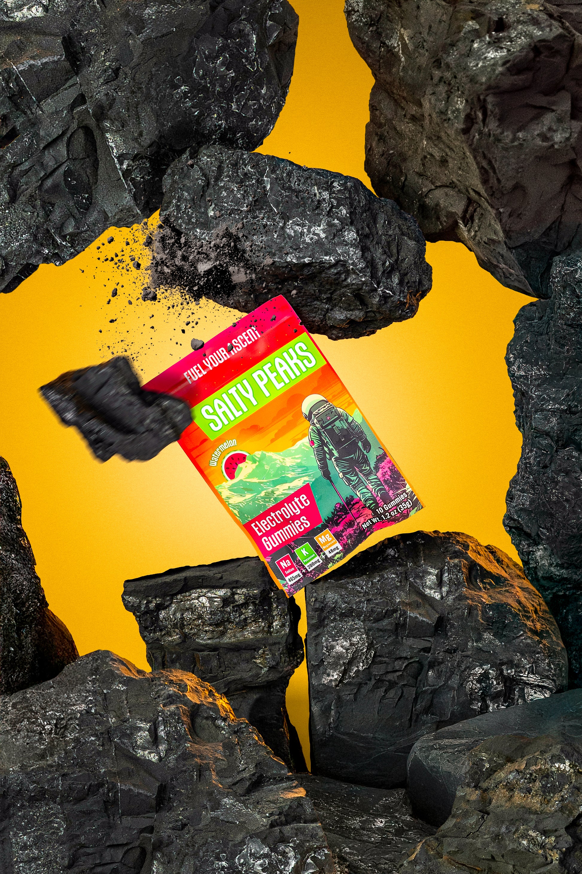 Salty Peaks electrolyte gummies pouch wedged in rocks